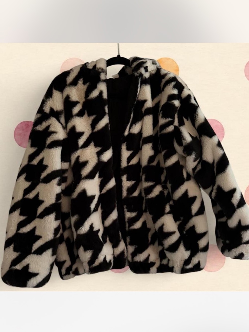 H&M Black & White Houndstooth Faux Fur Puffer Jacket